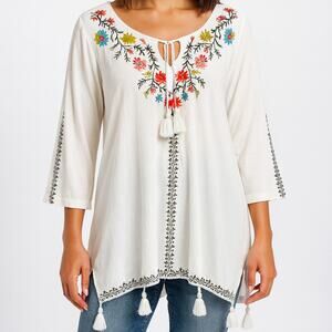 J.Jill Embroidered Floral Peasant Tunic Top White Tassel Tie 3/4 Sleeve Medium
